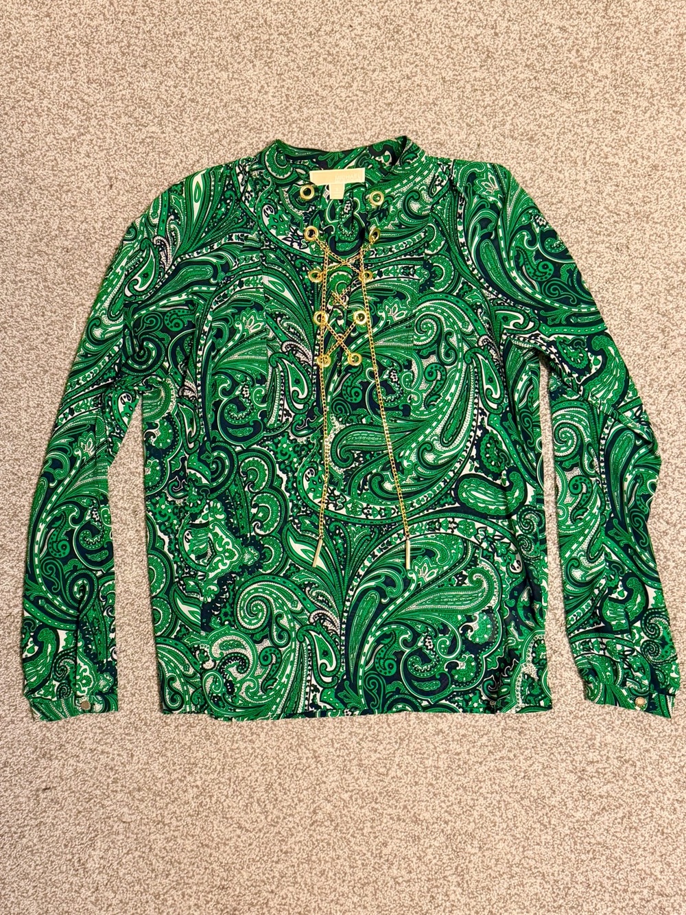 Michael Kors Green Paisley Chain Lace-Up Long Sleeve Top